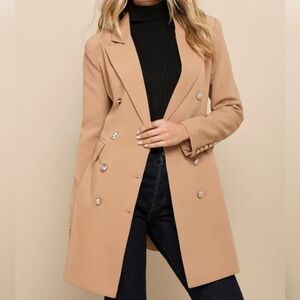 LULUs Elegant Tan Double-Breasted Women's Coat. Sz. M NWT